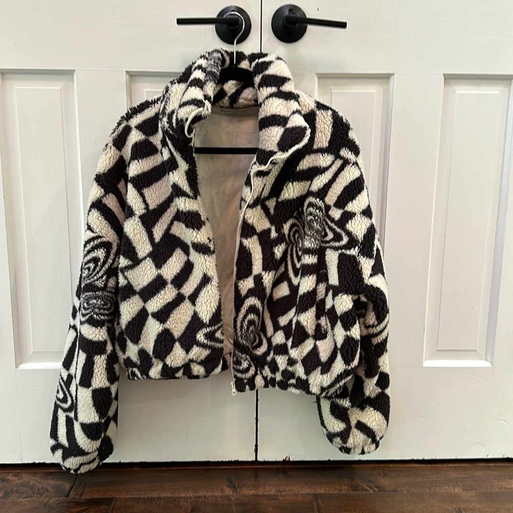 Urban Outfitters black/cream cropped fleece zip up Psychedelic butterfly pattern